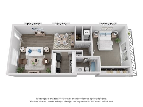 Floor plan for 1 bed, 1 bath, 927 sqft